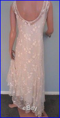 Vintage 1930s Dress Gown Ivory Embroidered Silk Chiffon Drop Waist Wedding Slip