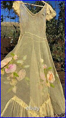 Vintage 1930s Dress Mesh Floral Embroidered Ruffles Net Slip Marigold 30s