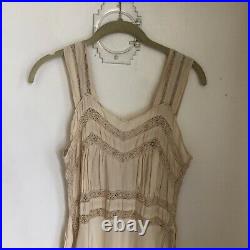 Vintage 1930s Ecru Crepe Silk Maxi Slip Dress Bias Cut Lace Front Attached Ties