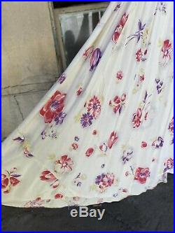 Vintage 1930s Floral Print Slip Dress Maxi Bias Cut Rayon Daisy Tulip Poppy Ruch