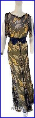 Vintage 1930s French Couture Art Deco Silk Chiffon Dress with Slip Under Dress