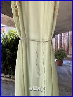 Vintage 1930s Green Silk Chiffon Slip Dress Hand Appliquéd Lace
