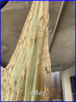 Vintage 1930s Green Silk Chiffon Slip Dress Hand Appliquéd Lace