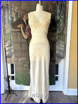 Vintage 1930s Ivory Silk Satin Lace Inset Hand Sewn Bias Cut Lingerie Slip Dress