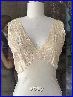 Vintage 1930s Ivory Silk Satin Lace Inset Hand Sewn Bias Cut Lingerie Slip Dress