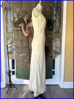 Vintage 1930s Ivory Silk Satin Lace Inset Hand Sewn Bias Cut Lingerie Slip Dress