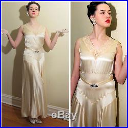 Vintage 1930s Ivory Silk Satin Rhinestone Wedding Dress Bridal Gown Party Slip M