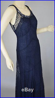 Vintage 1930s Lace Dress Gown With Matching Slip Navy Indigo Blue M/L