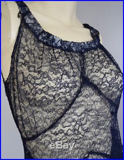 Vintage 1930s Lace Dress Gown With Matching Slip Navy Indigo Blue M/L