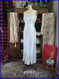 Vintage 1930s Liquid Satin Lace Night Gown Bed Jacket Maxi Dress Bias Cut Slip M