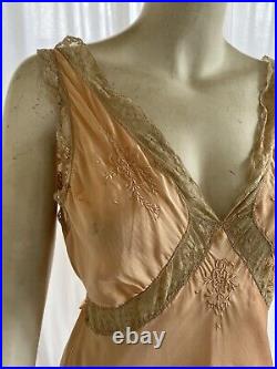 Vintage 1930s Marshall Fields Art Deco Silk And Lace Bias Cut Slip Dress