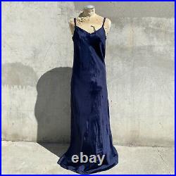 Vintage 1930s Navy Blue Silky Rayon Dress Slip Lace Bias Cut Maxi Strappy Gown