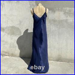 Vintage 1930s Navy Blue Silky Rayon Dress Slip Lace Bias Cut Maxi Strappy Gown