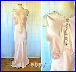Vintage 1930s Negligee Pink Silk Maxi Long Nightgown 39 Bust Slip Dress M L