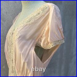 Vintage 1930s Off Pink Silky Rayon Slip Dress Bias Cut Floral Lace Cap Sleeves