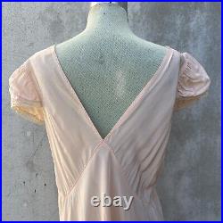 Vintage 1930s Off Pink Silky Rayon Slip Dress Bias Cut Floral Lace Cap Sleeves