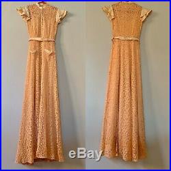 Vintage 1930s Pale Pink Lace Dress 3 Piece Set Maxi Dress Slip + Belt 25 XS