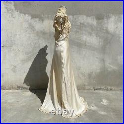 Vintage 1930s Pearly Ivory Silk Dress Slip Ecru Floral Bet Lace Bias Cut Maxi