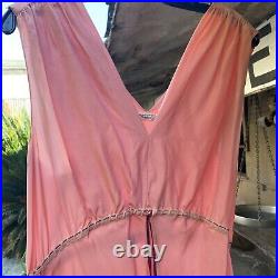 Vintage 1930s Pink Crepe Silk Maxi Slip Dress Two Tone Belt Barbizon Loungewear