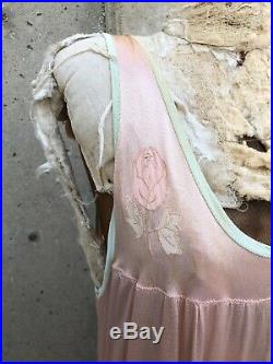 Vintage 1930s Pink & Green Silk &Rayon Maxi Dress Slip Embroidered Roses Antique