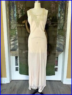 Vintage 1930s Pink Rayon Lace Bias Cut Deco Stripe Cross Back Slip Dress