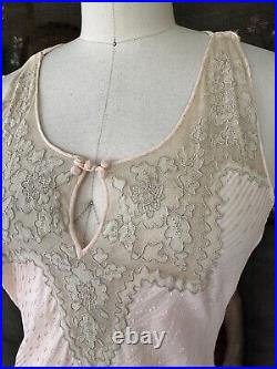 Vintage 1930s Pink Rayon Lace Bias Cut Deco Stripe Cross Back Slip Dress