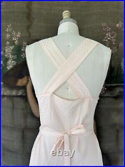 Vintage 1930s Pink Rayon Lace Bias Cut Deco Stripe Cross Back Slip Dress