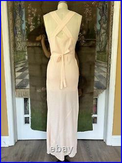 Vintage 1930s Pink Rayon Lace Bias Cut Deco Stripe Cross Back Slip Dress