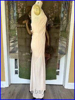 Vintage 1930s Pink Rayon Lace Bias Cut Deco Stripe Cross Back Slip Dress