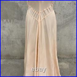 Vintage 1930s Pink Rayon Slip Dress Bias Cut Full Length Floral Lace Low Back