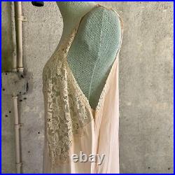 Vintage 1930s Pink Rayon Slip Dress Bias Cut Full Length Floral Net Lace Boudoir