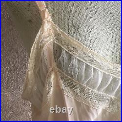 Vintage 1930s Pink Rayon Slip Dress Floral Net Lace Mesh Boudoir Romantic