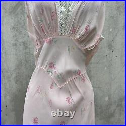 Vintage 1930s Pink Rose Print Rayon Slip Dress Bias Cut Full Length Low Back