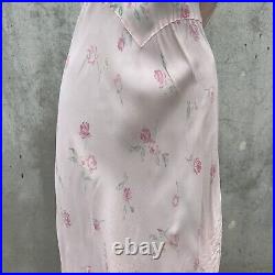 Vintage 1930s Pink Rose Print Rayon Slip Dress Bias Cut Full Length Low Back