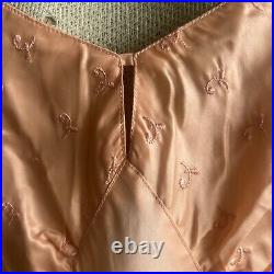 Vintage 1930s Pink Satin Slip Dress Embroidered Flowers Scalloped Ruffle Hem