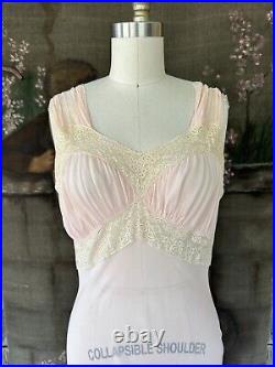 Vintage 1930s Pink Sheer Rayon Chiffon Bias Cut Ruched Lace Lingerie Slip Dress