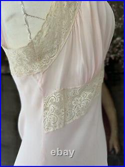 Vintage 1930s Pink Sheer Rayon Chiffon Bias Cut Ruched Lace Lingerie Slip Dress