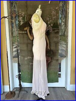 Vintage 1930s Pink Sheer Rayon Chiffon Bias Cut Ruched Lace Lingerie Slip Dress