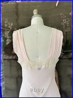 Vintage 1930s Pink Sheer Rayon Chiffon Bias Cut Ruched Lace Lingerie Slip Dress