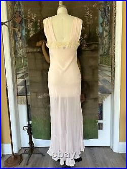 Vintage 1930s Pink Sheer Rayon Chiffon Bias Cut Ruched Lace Lingerie Slip Dress