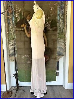 Vintage 1930s Pink Sheer Rayon Chiffon Bias Cut Ruched Lace Lingerie Slip Dress