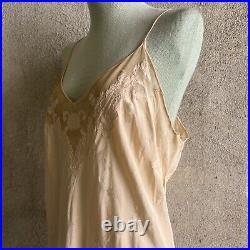 Vintage 1930s Pink Silk Brocade Slip Dress Embroidered Flowers Bias Cut