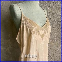 Vintage 1930s Pink Silk Brocade Slip Dress Embroidered Flowers Bias Cut
