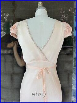 Vintage 1930s Pink Silk Puff Sleeve Art Deco Lingerie Slip Dress