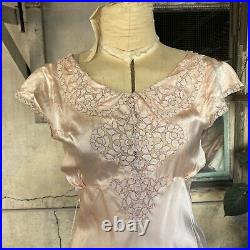 Vintage 1930s Pink Silk Satin Maxi Dress Slip Floral Net Lace Appliques Bias Cut