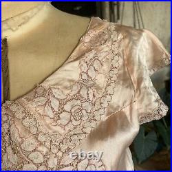 Vintage 1930s Pink Silk Satin Maxi Dress Slip Floral Net Lace Appliques Bias Cut