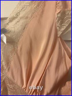 Vintage 1930s Pink Silk Slip Dress Bias Cut Full Length Floral Lace AS IS