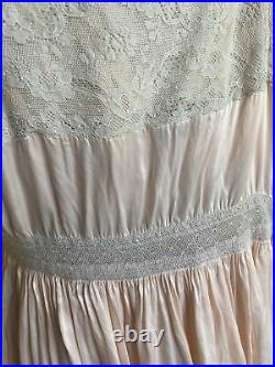 Vintage 1930s Pink Silky Rayon Satin Maxi Dress Slip Floral Lace Lounge Comfy