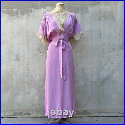 Vintage 1930s Purple Rayon Maxi Dress Slip Floral Lace Wrap Belt Ruching