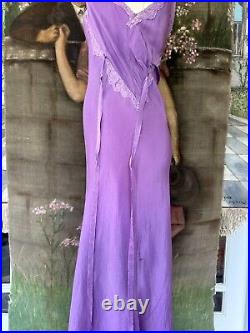 Vintage 1930s Purple Silk Lace Trimmed Bias Cut Art Deco Lingerie Slip Dress